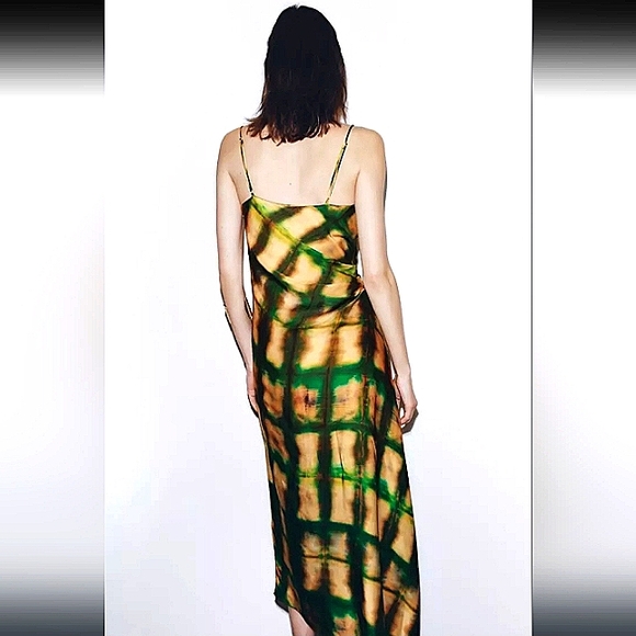 ZARA SATIN COWL NECK GREEN & GOLD SLIP MIDI DRESS SIZE SMALL - Picture 2 of 15